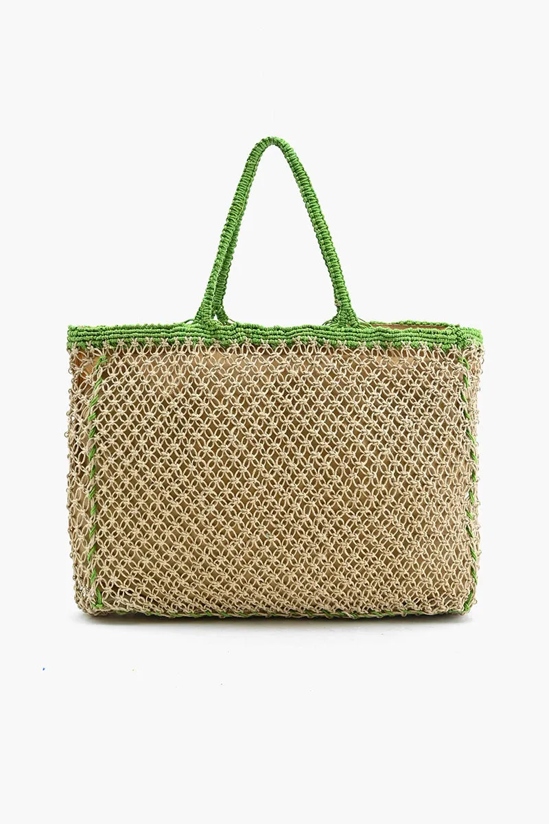 Poolside' Jute Macrame Tote in Beige & Green