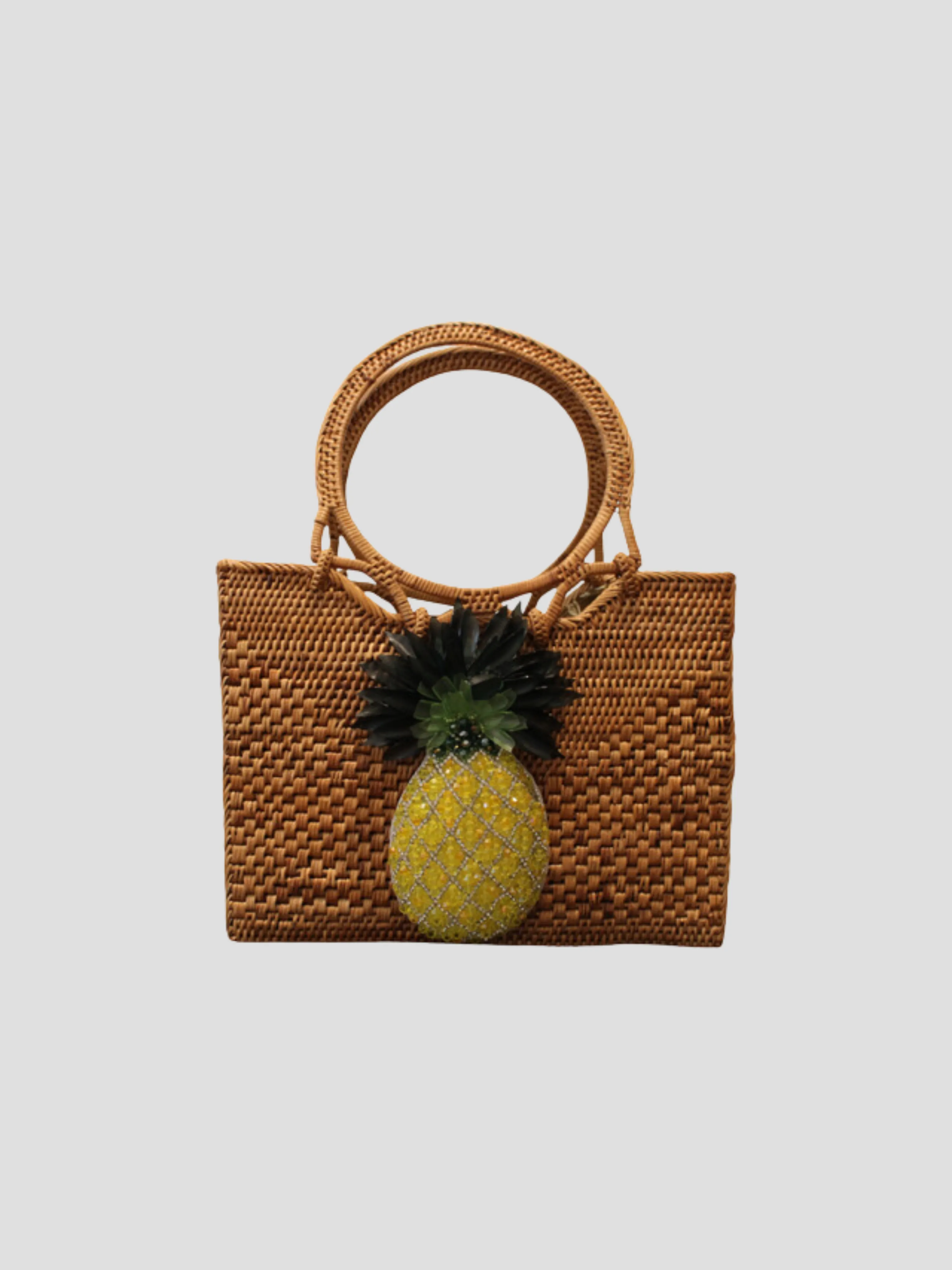 Raffia Handbag with Embroidered Pineapple