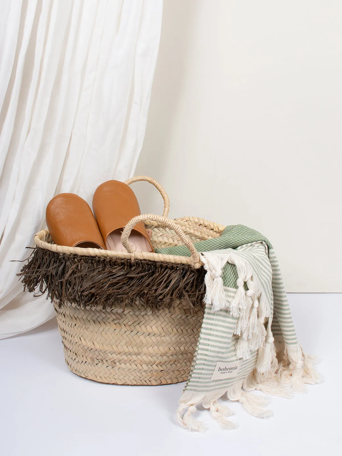 Raffia Tassel Basket, Moss