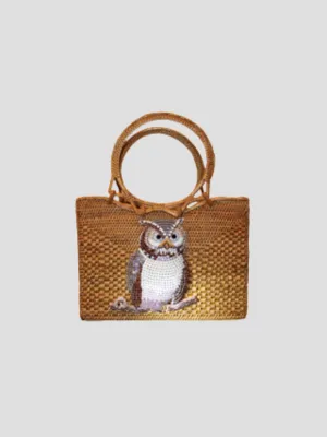 Raffia Tote with Embroidered Owl