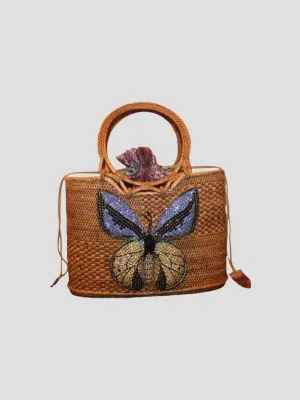 Raffia Tote with Yellow Embroidered Butterfly