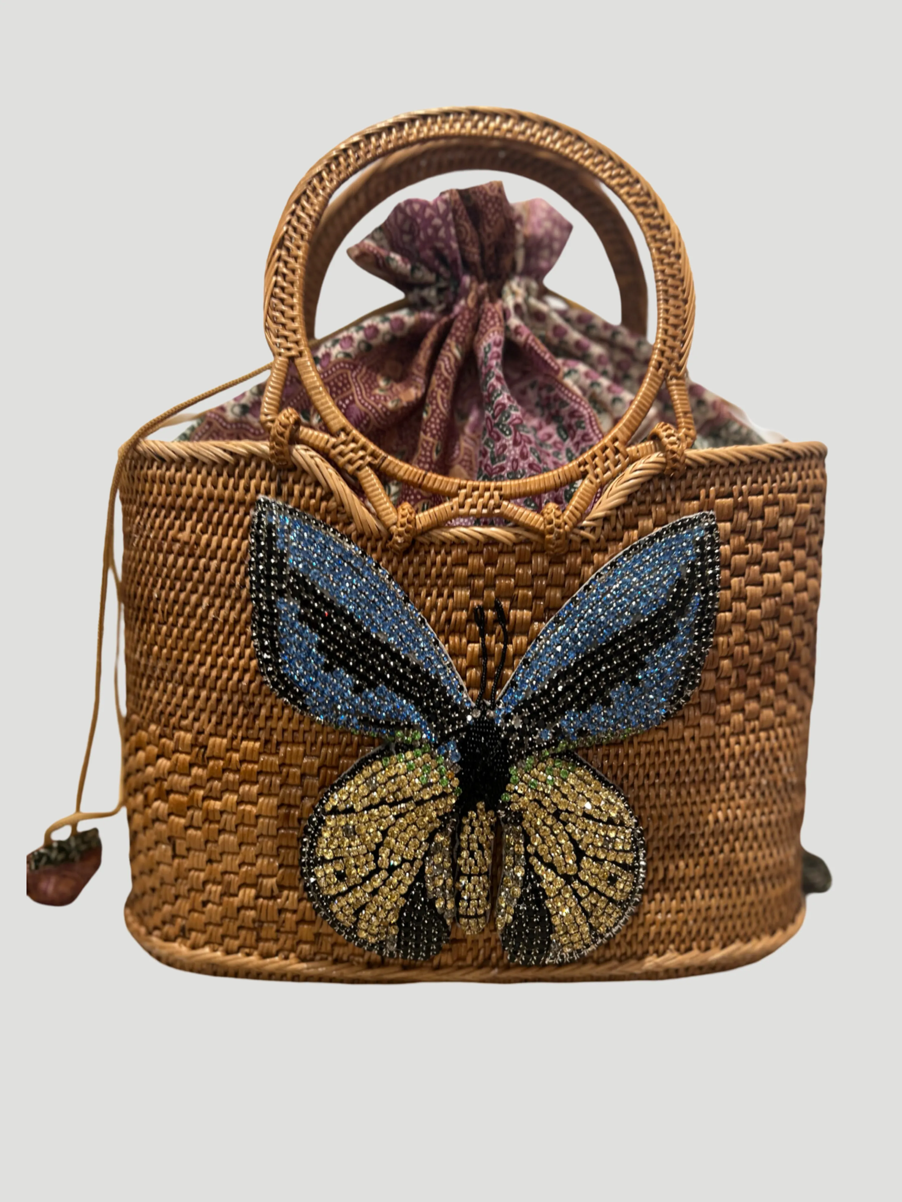 Raffia Tote with Yellow Embroidered Butterfly