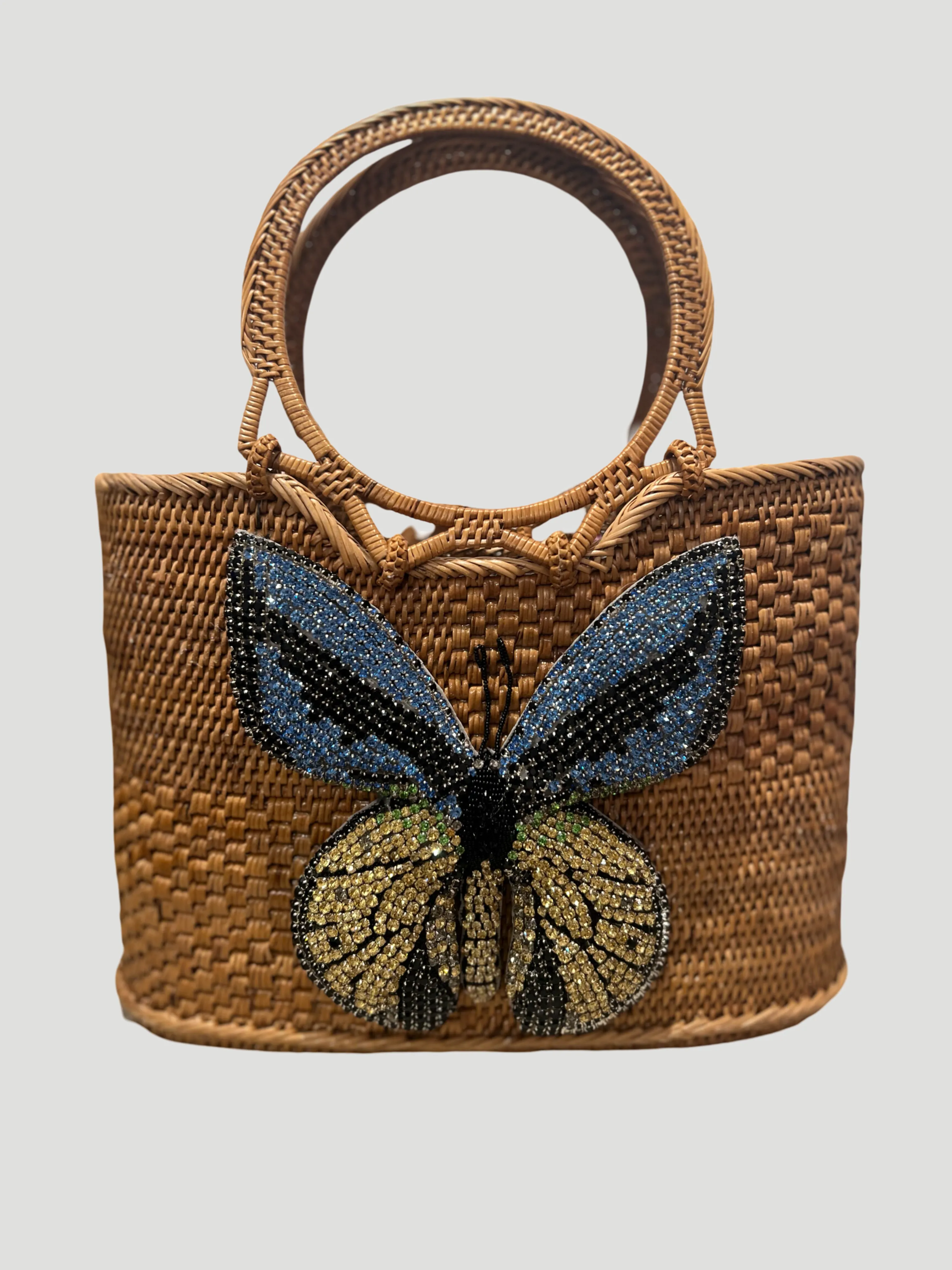 Raffia Tote with Yellow Embroidered Butterfly