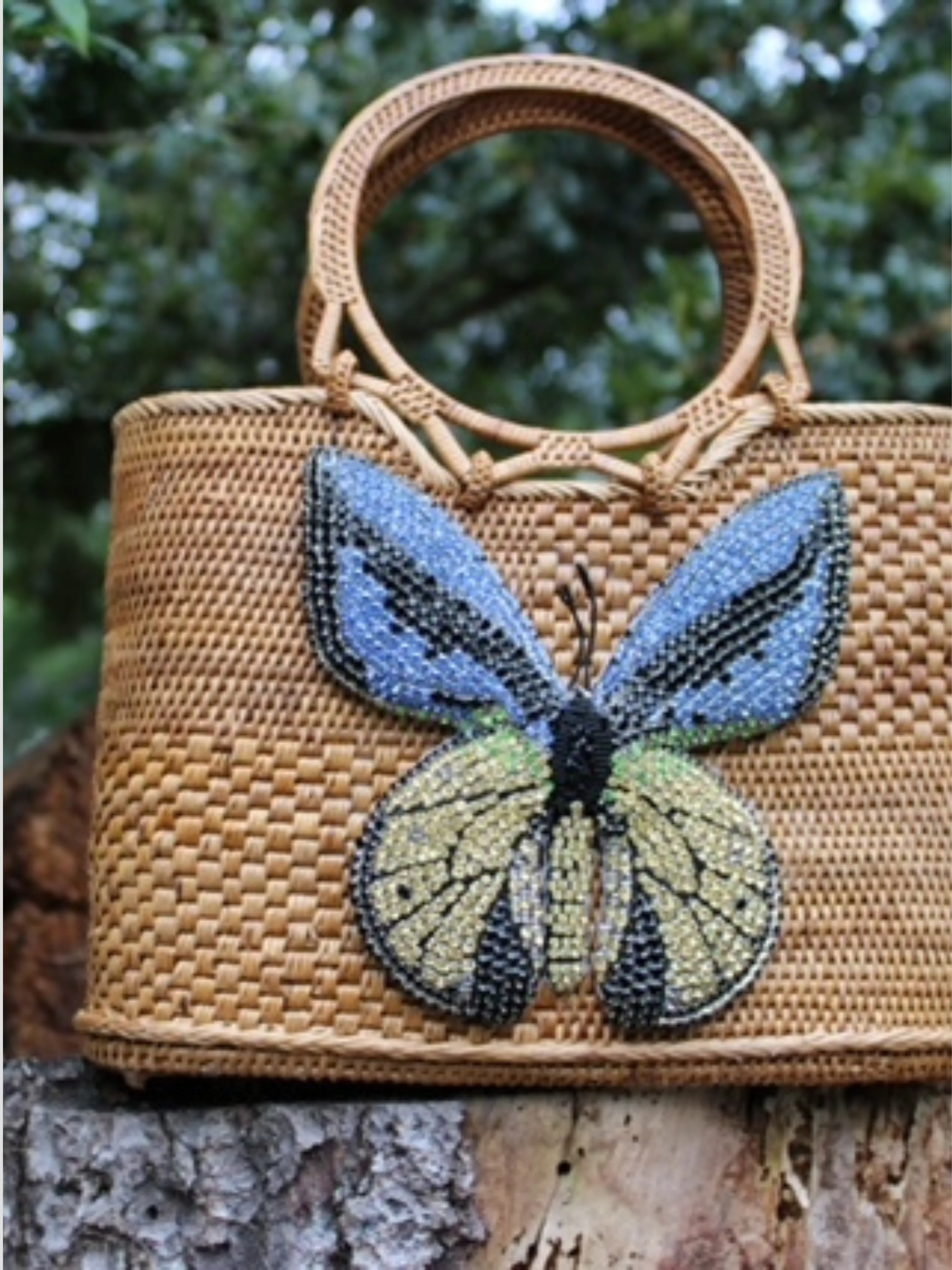 Raffia Tote with Yellow Embroidered Butterfly