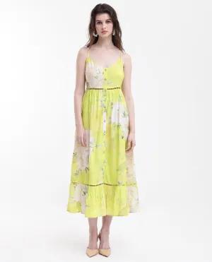 Rareism Women Galina Flouroscent Green Viscose Fabric Noodle Strap Floral Print Maxi Longline Dress