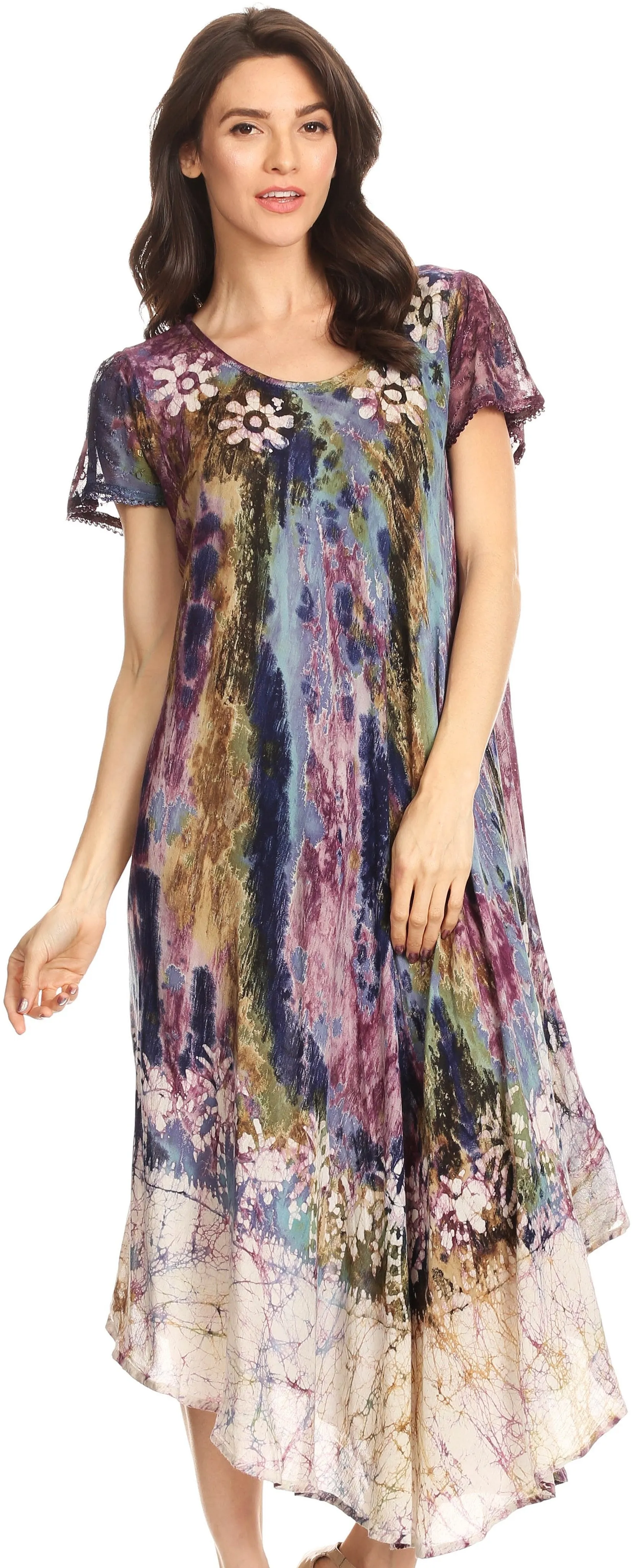 Sakkas Liliana Short Sleeve Watercolor Batik Dress/ Cover Up