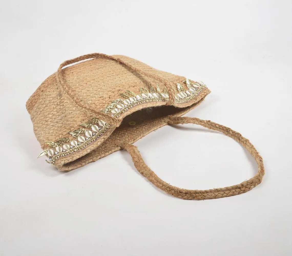 Shells & Metallic Feathers Jute Tote Bag