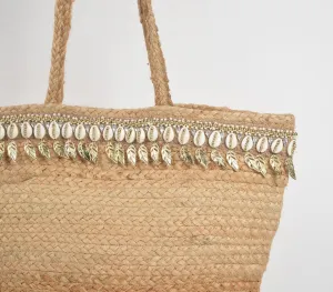 Shells & Metallic Feathers Jute Tote Bag