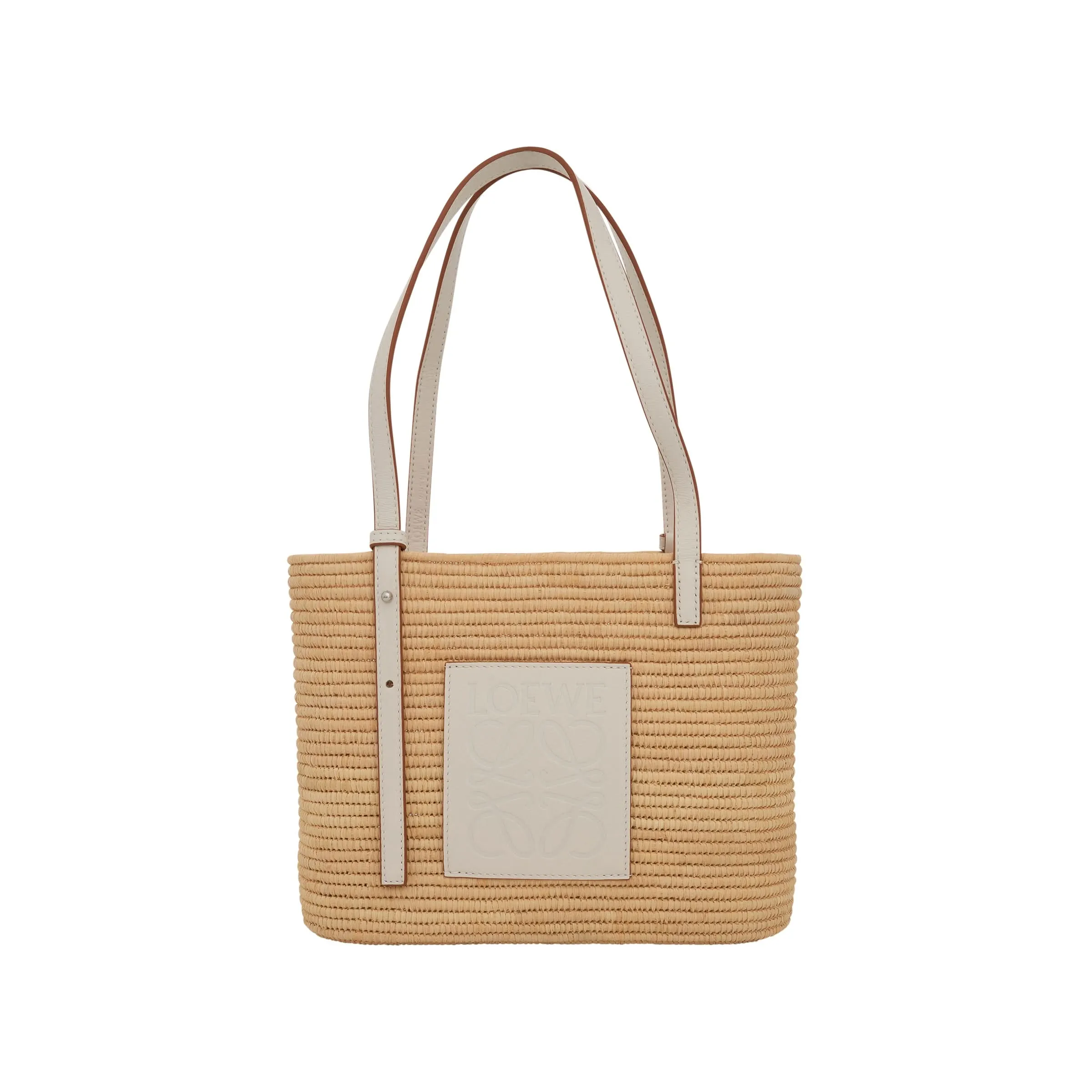 Small Square Basket Bag in Raffia and Calfskin in Natural/White