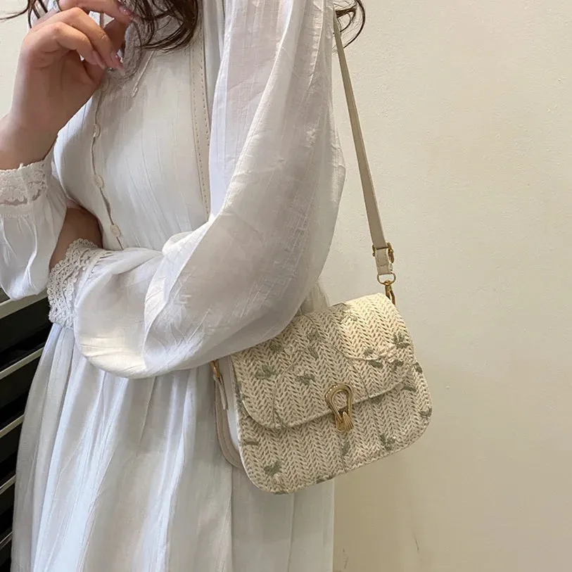 Sohiwoo Straw Weaving Crossbody Bag Summer Flower Woven Shoulder Bags Women Crochet Small Satchel Adjustable Strap Designer Sling Purses