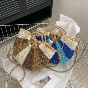 Sohiwoo Summer Handmade Bags for Women Beach Weaving Ladies Straw Bag Wrapped Beach Bag Moon Shaped Color Matching Handbags Shopper Tote