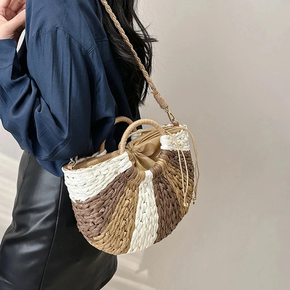 Sohiwoo Summer Handmade Bags for Women Beach Weaving Ladies Straw Bag Wrapped Beach Bag Moon Shaped Color Matching Handbags Shopper Tote