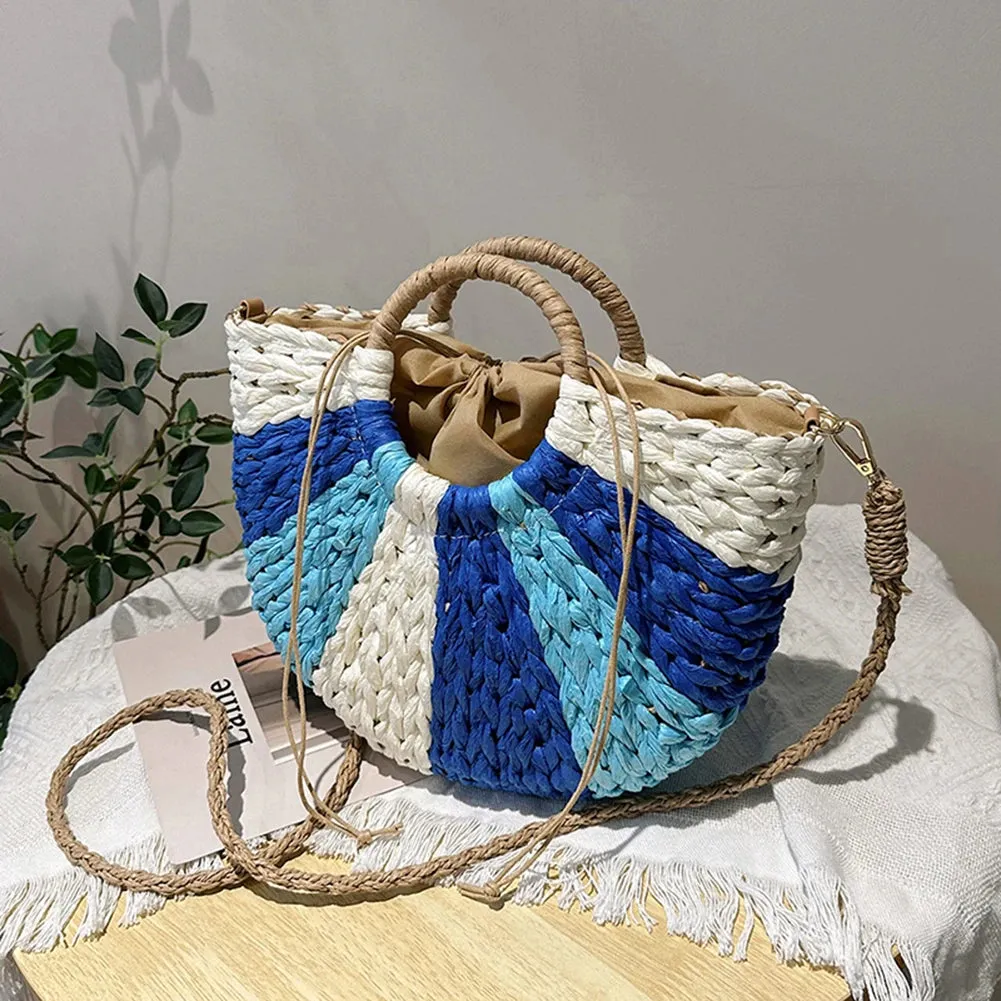 Sohiwoo Summer Handmade Bags for Women Beach Weaving Ladies Straw Bag Wrapped Beach Bag Moon Shaped Color Matching Handbags Shopper Tote