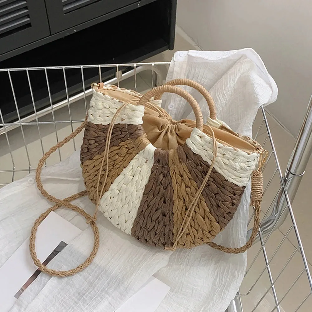 Sohiwoo Summer Handmade Bags for Women Beach Weaving Ladies Straw Bag Wrapped Beach Bag Moon Shaped Color Matching Handbags Shopper Tote