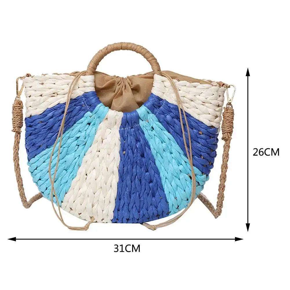 Sohiwoo Summer Handmade Bags for Women Beach Weaving Ladies Straw Bag Wrapped Beach Bag Moon Shaped Color Matching Handbags Shopper Tote