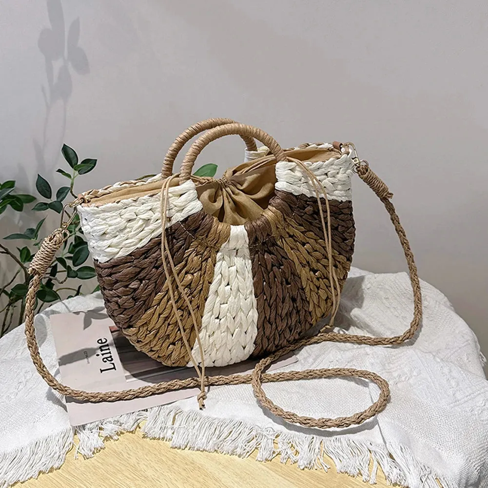 Sohiwoo Summer Handmade Bags for Women Beach Weaving Ladies Straw Bag Wrapped Beach Bag Moon Shaped Color Matching Handbags Shopper Tote