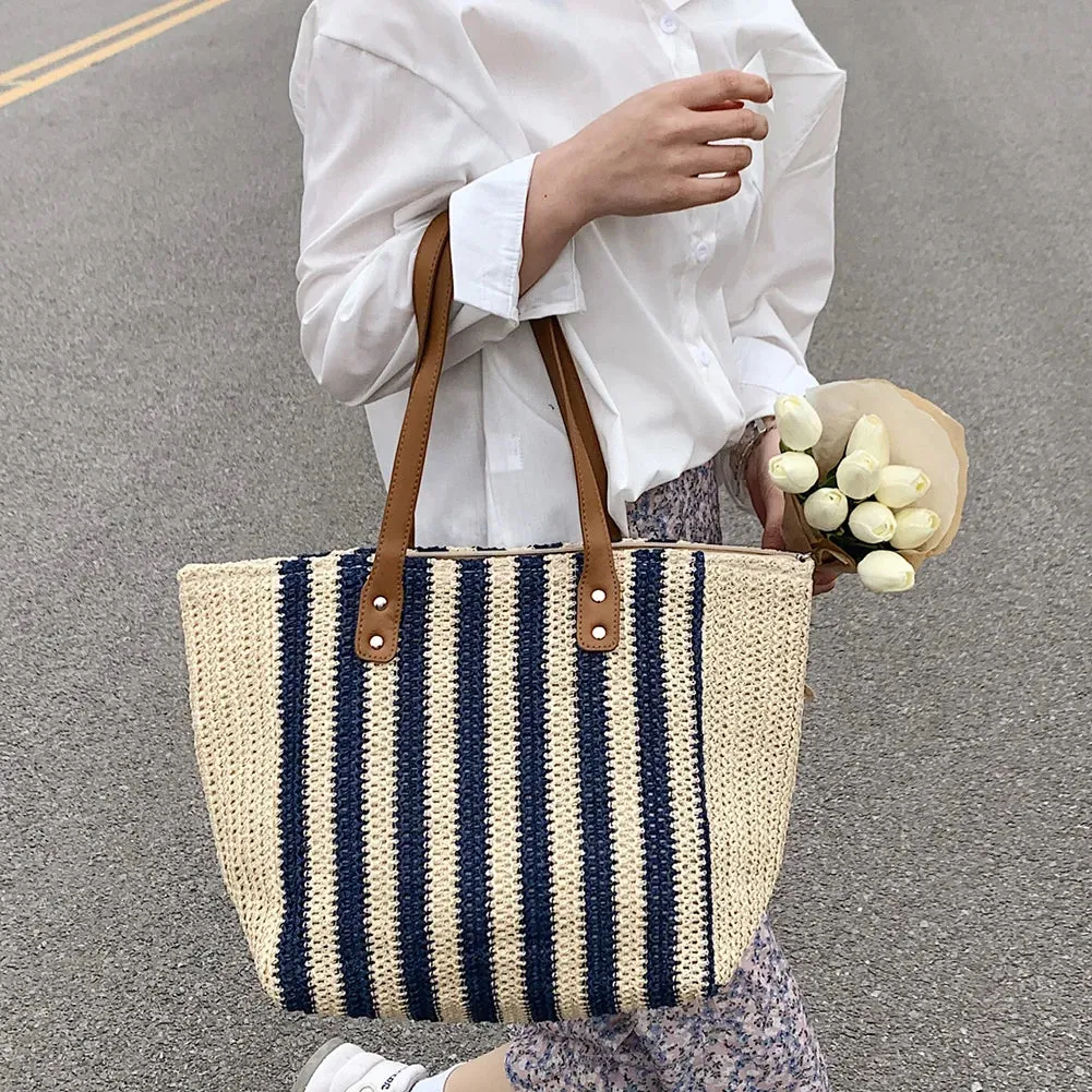 Sohiwoo Summer Straw Woven Top-Handle Handbags Casual Large Capacity Women Shoulder Bags Shopping Bags Beach Vacation Female Totes Bags