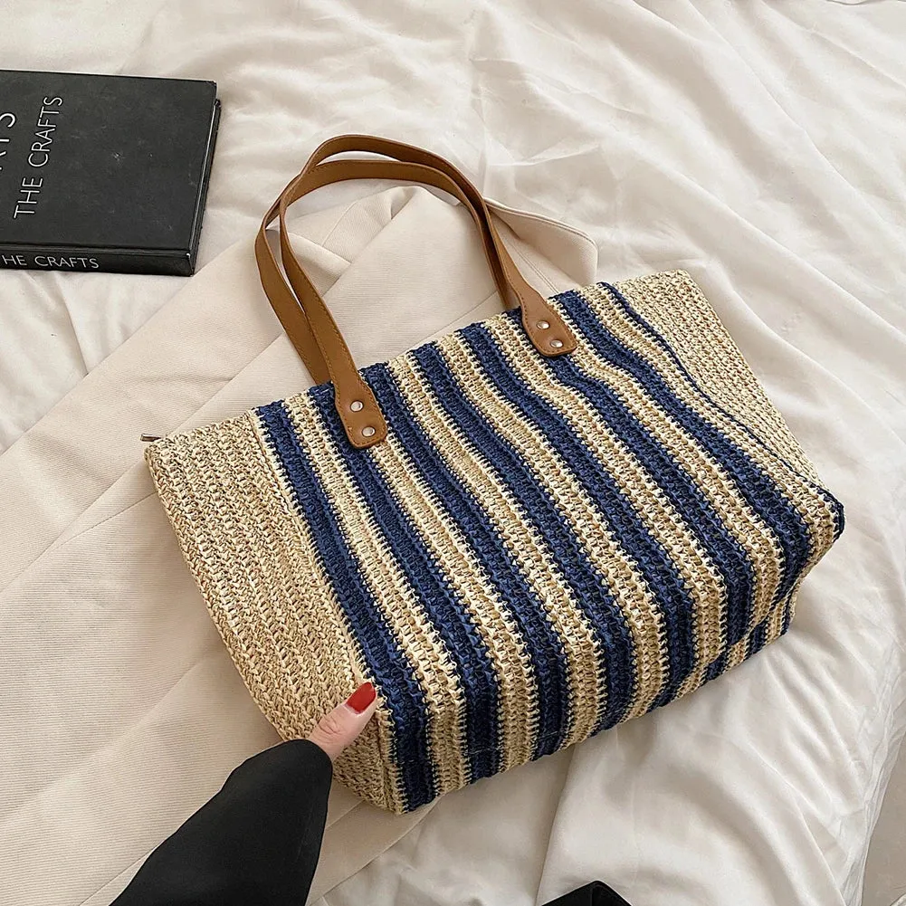 Sohiwoo Summer Straw Woven Top-Handle Handbags Casual Large Capacity Women Shoulder Bags Shopping Bags Beach Vacation Female Totes Bags