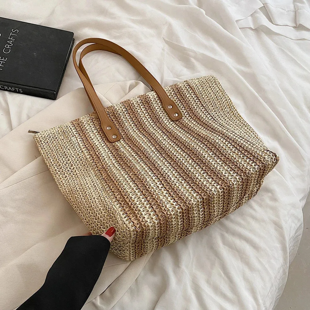 Sohiwoo Summer Straw Woven Top-Handle Handbags Casual Large Capacity Women Shoulder Bags Shopping Bags Beach Vacation Female Totes Bags