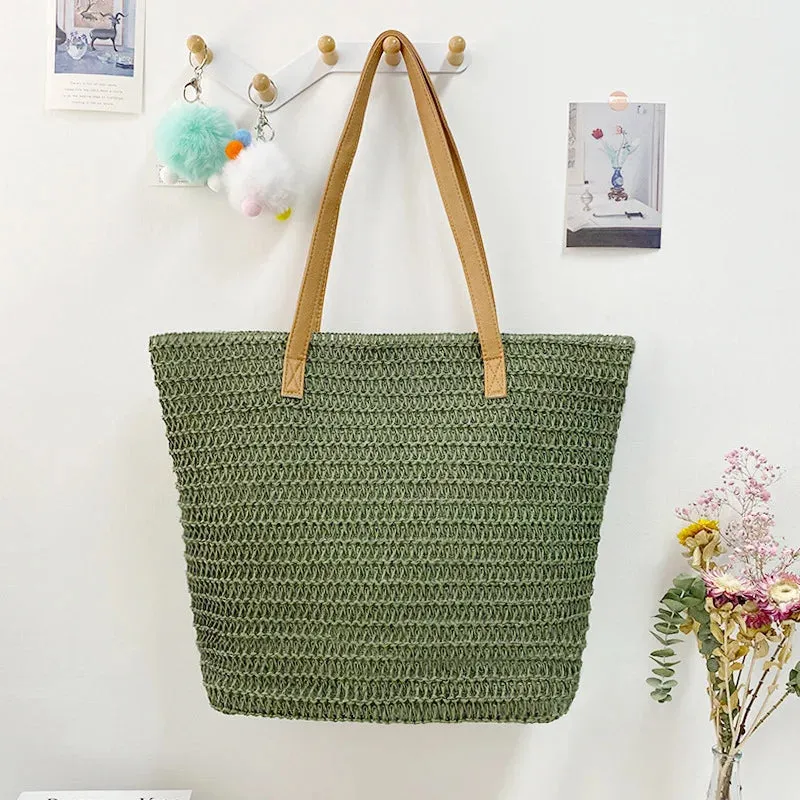 Solid Color Beach Straw Shoulder Bag