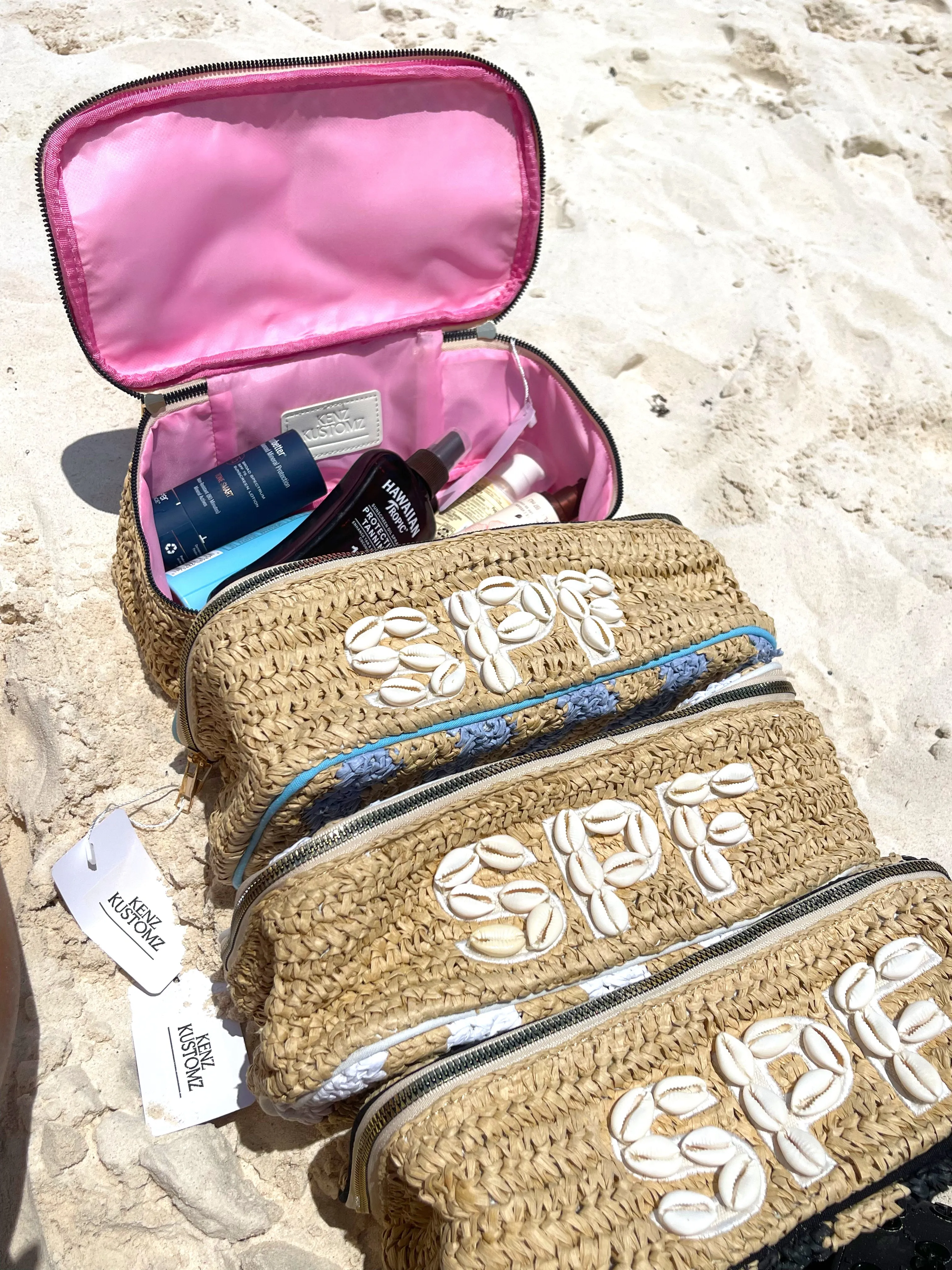 SPF Open Top Makeup Bag with Puka Shells