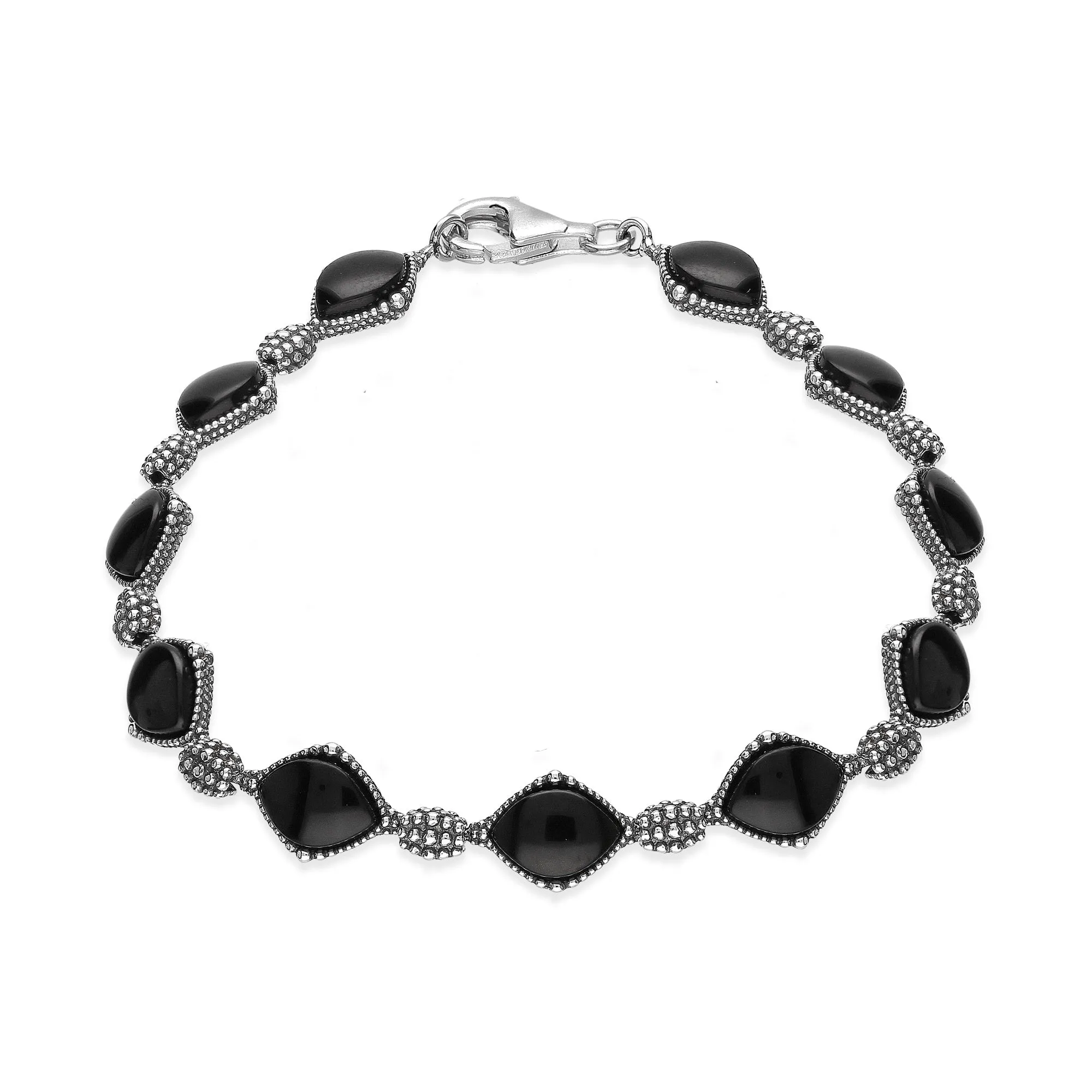 Sterling Silver  Whitby Jet Marquise Oxidised Bead Edge Bracelet