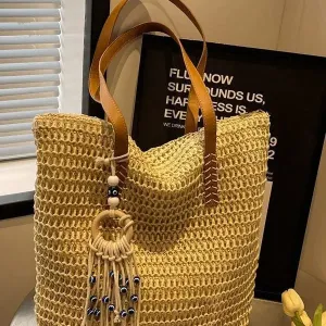 Straw Bag  Large-capacity Tote Bag All-match Seaside Shoulder Commuter Woven Bag