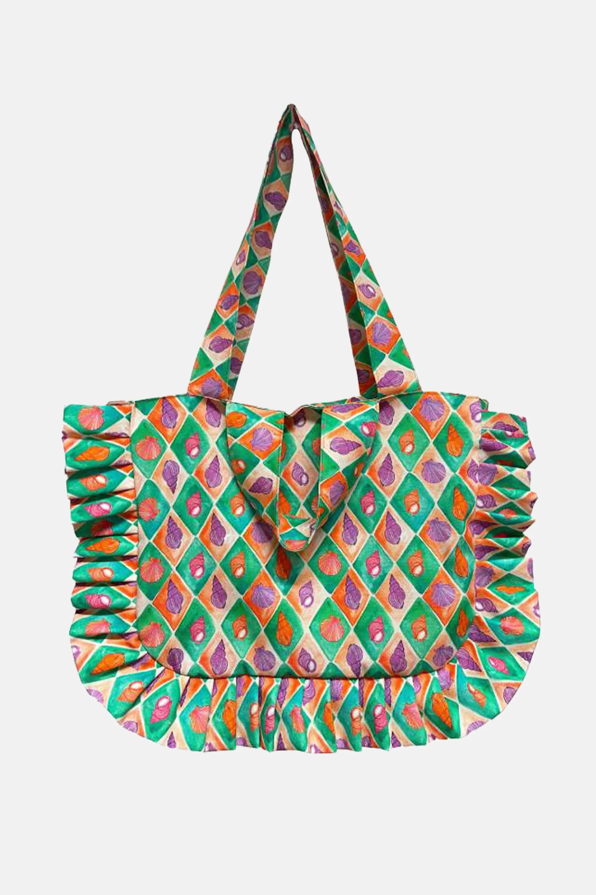 TOTE BAG WITH FRILLS "SHELLS" ORANGE/GREEN/PURPLE